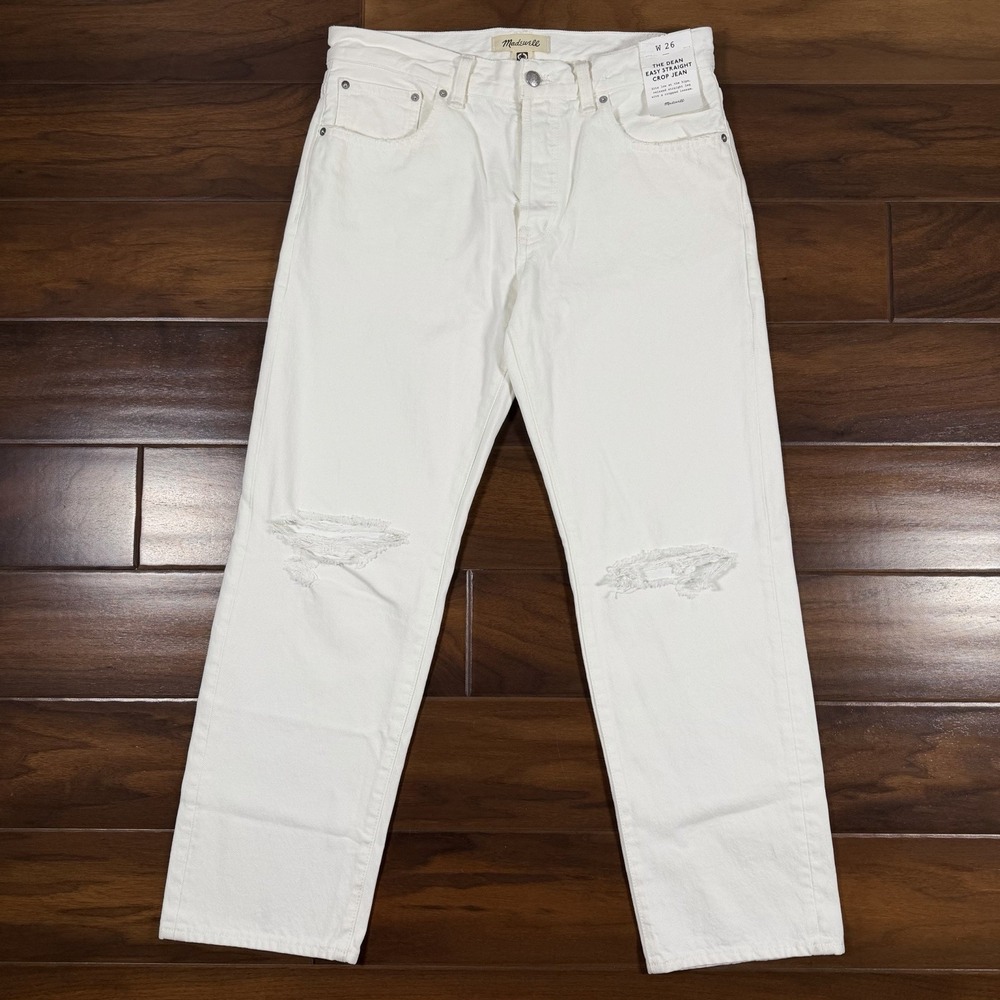 Madewell Size 26 White Distressed The Dean‎ Easy Straight Crop Denim Jeans NV398
